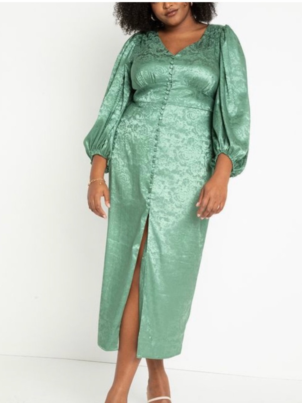 Eloquii Floral Jacquard Satin Blouson-Sleeve Button Front Maxi Dress
